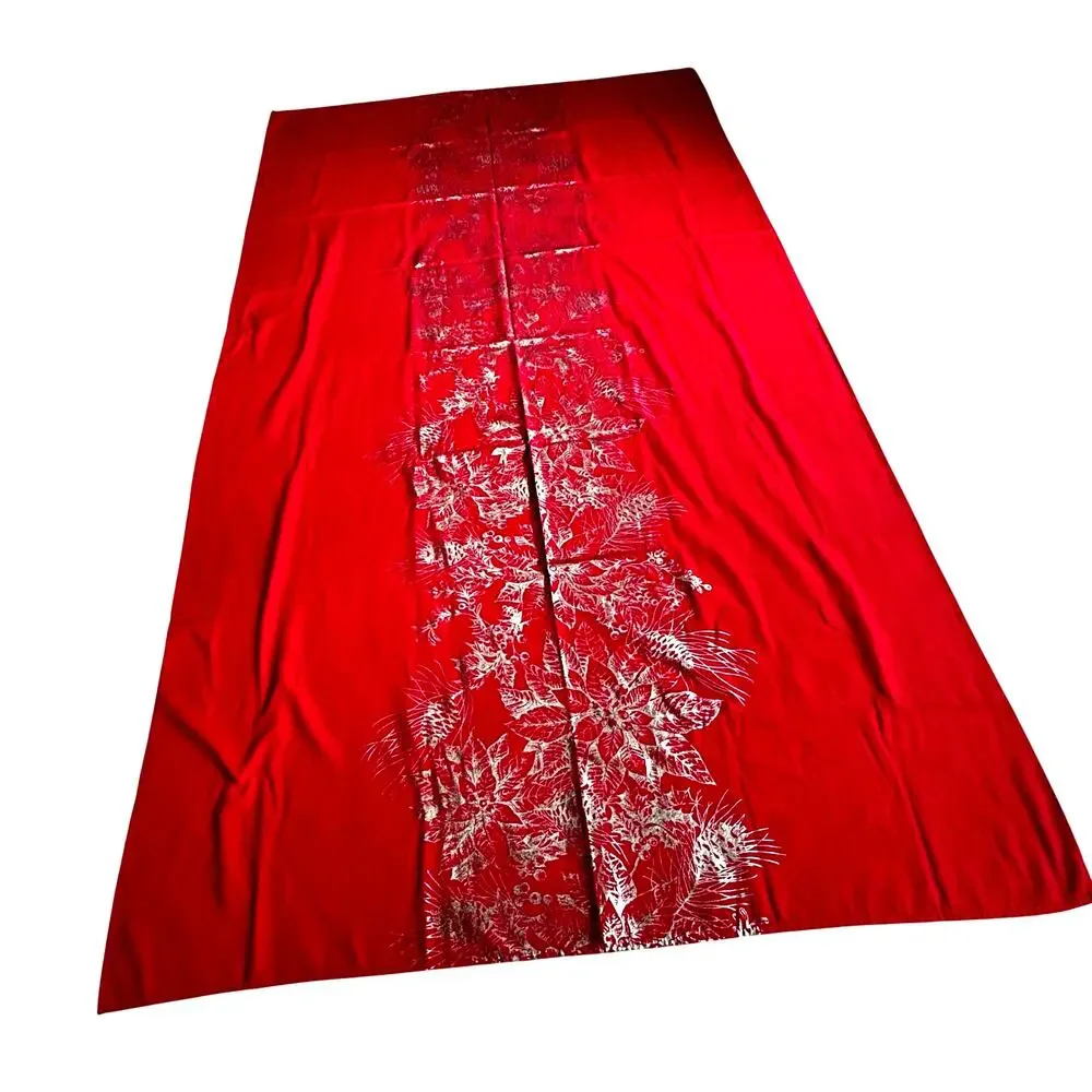 Vintage Christmas Holiday tablecloth buffet size rectangle red with gold leaves